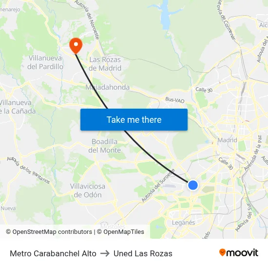 Metro Carabanchel Alto to Uned Las Rozas map