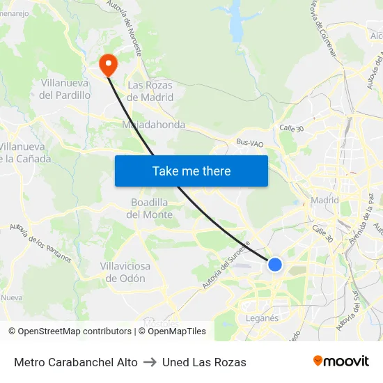 Metro Carabanchel Alto to Uned Las Rozas map