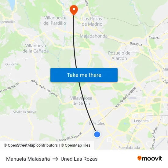 Manuela Malasaña to Uned Las Rozas map