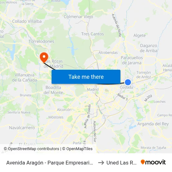 Avenida Aragón - Parque Empresarial Pegaso to Uned Las Rozas map