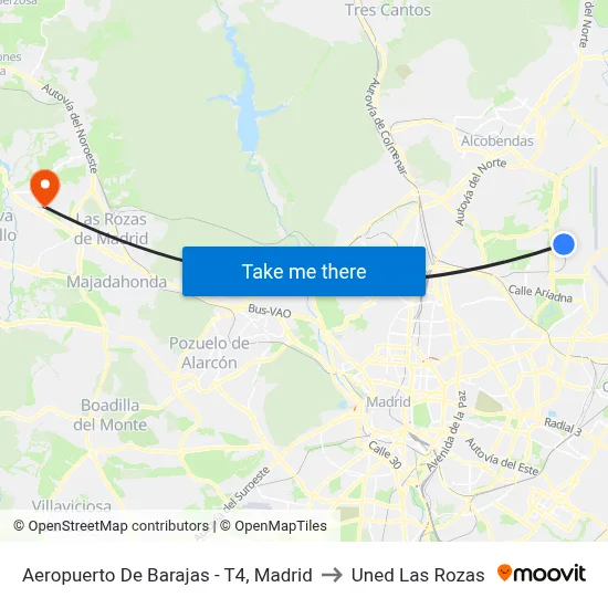 Aeropuerto De Barajas - T4, Madrid to Uned Las Rozas map