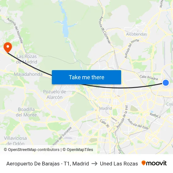 Aeropuerto De Barajas - T1, Madrid to Uned Las Rozas map