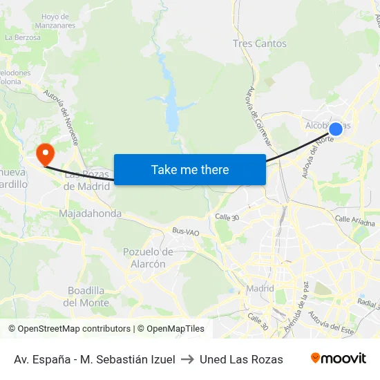Av. España - M. Sebastián Izuel to Uned Las Rozas map