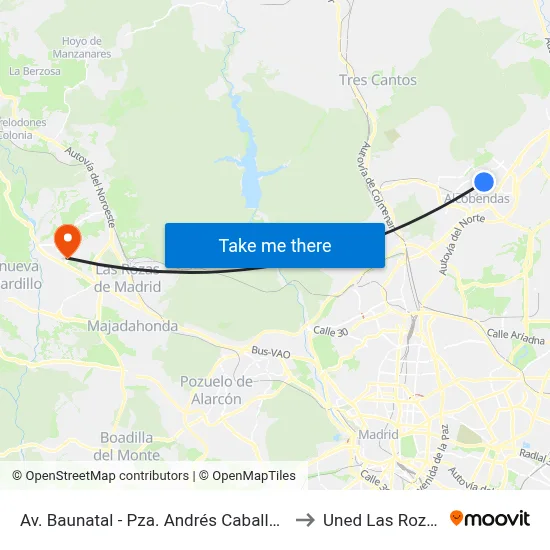 Av. Baunatal - Pza. Andrés Caballero to Uned Las Rozas map