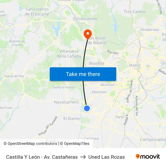 Castilla Y León - Av. Castañeras to Uned Las Rozas map