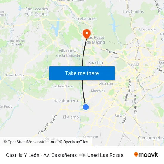 Castilla Y León - Av. Castañeras to Uned Las Rozas map