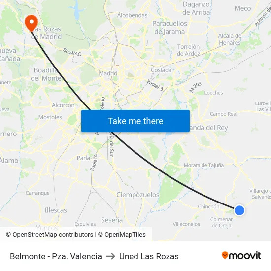 Belmonte - Pza. Valencia to Uned Las Rozas map