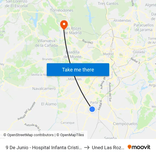 9 De Junio - Hospital Infanta Cristina to Uned Las Rozas map
