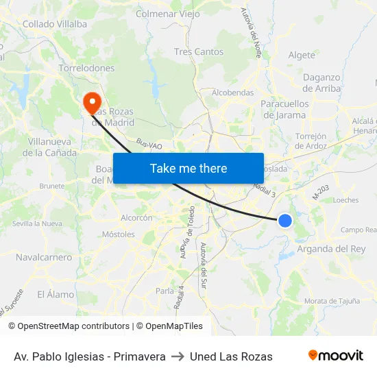 Av. Pablo Iglesias - Primavera to Uned Las Rozas map