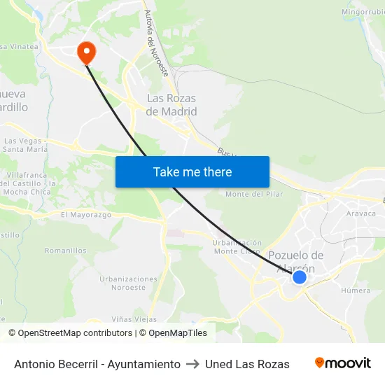 Antonio Becerril - Ayuntamiento to Uned Las Rozas map