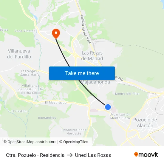 Ctra. Pozuelo - Residencia to Uned Las Rozas map