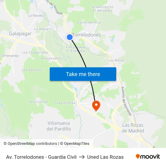 Av. Torrelodones - Guardia Civil to Uned Las Rozas map