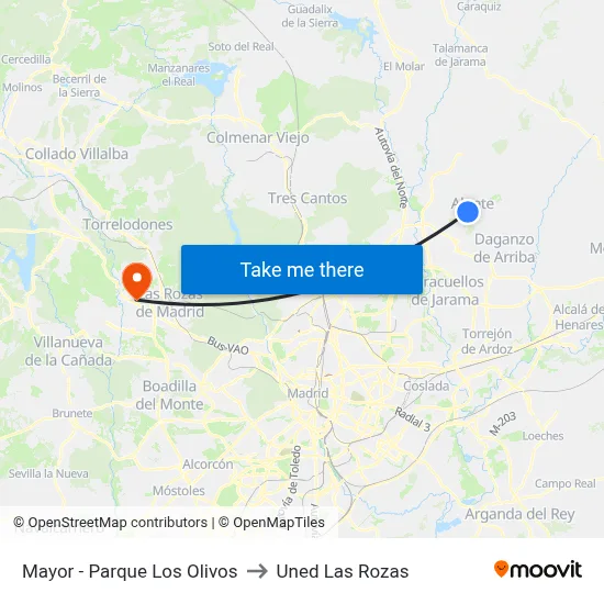 Mayor - Parque Los Olivos to Uned Las Rozas map