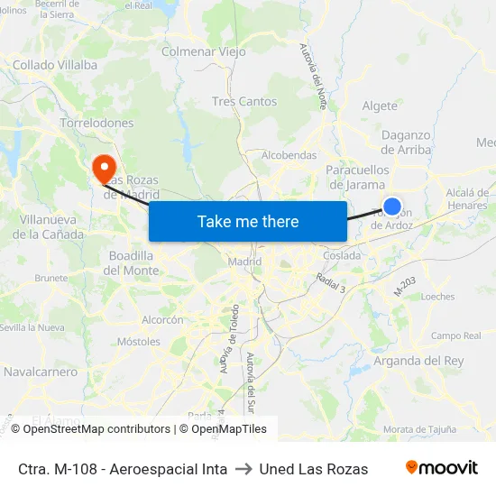 Ctra. M-108 - Aeroespacial Inta to Uned Las Rozas map