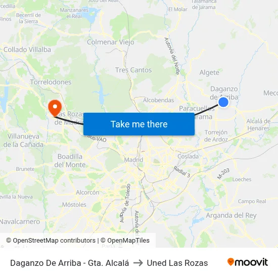 Daganzo De Arriba - Gta. Alcalá to Uned Las Rozas map