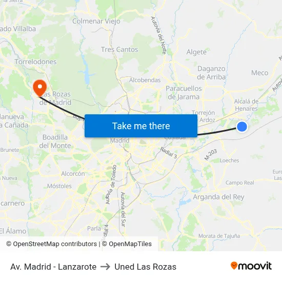 Av. Madrid - Lanzarote to Uned Las Rozas map