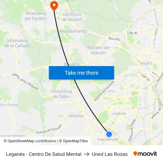 Leganés - Centro De Salud Mental to Uned Las Rozas map