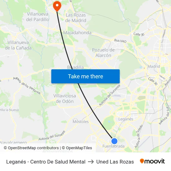 Leganés - Centro De Salud Mental to Uned Las Rozas map