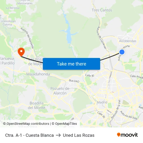 Ctra. A-1 - Cuesta Blanca to Uned Las Rozas map