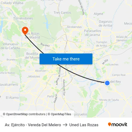 Av. Ejército - Vereda Del Melero to Uned Las Rozas map