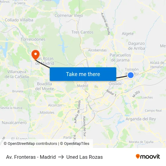Av. Fronteras - Madrid to Uned Las Rozas map