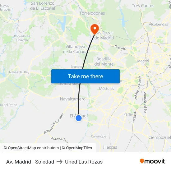 Av. Madrid - Soledad to Uned Las Rozas map