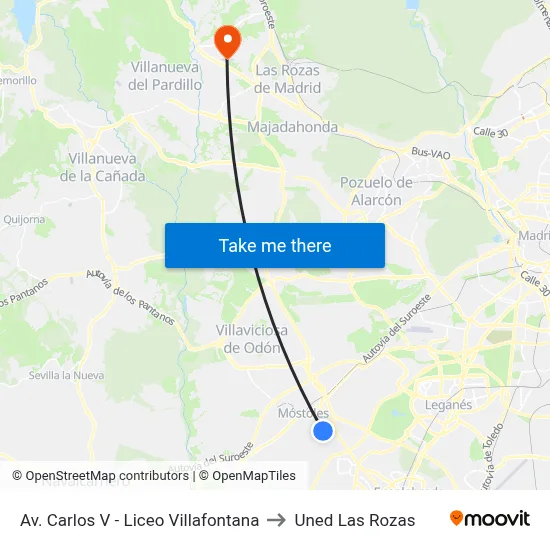Av. Carlos V - Liceo Villafontana to Uned Las Rozas map