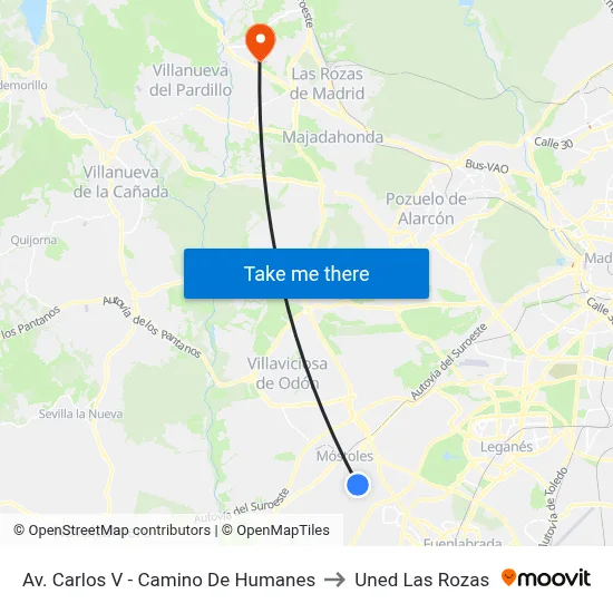 Av. Carlos V - Camino De Humanes to Uned Las Rozas map