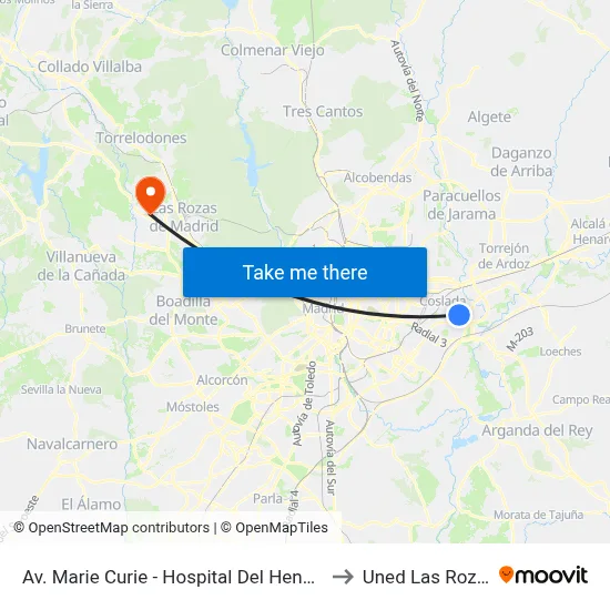 Av. Marie Curie - Hospital Del Henares to Uned Las Rozas map