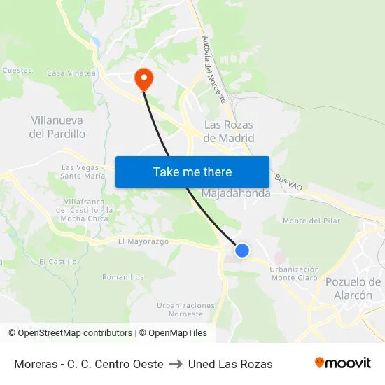 Moreras - C. C. Centro Oeste to Uned Las Rozas map