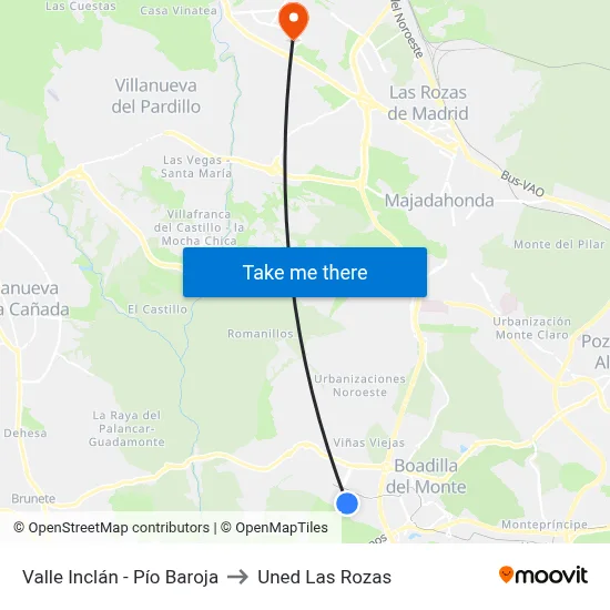 Valle Inclán - Pío Baroja to Uned Las Rozas map