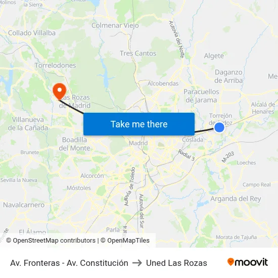 Av. Fronteras - Av. Constitución to Uned Las Rozas map