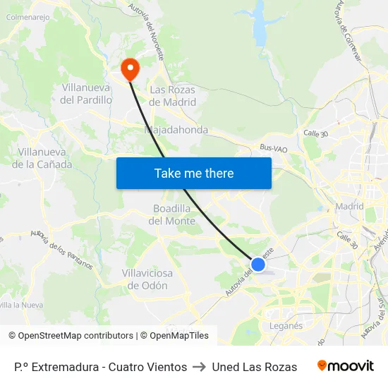 P.º Extremadura - Cuatro Vientos to Uned Las Rozas map