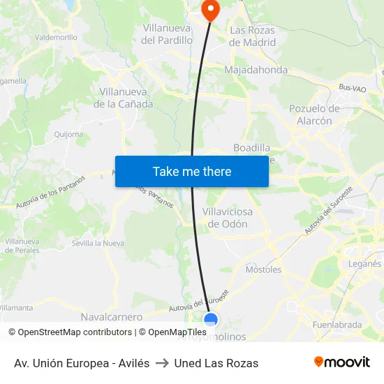 Av. Unión Europea - Avilés to Uned Las Rozas map