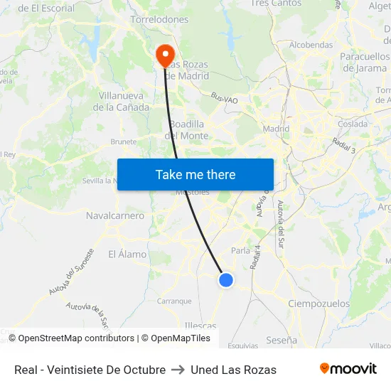 Real - Veintisiete De Octubre to Uned Las Rozas map