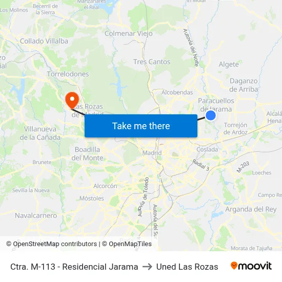 Ctra. M-113 - Residencial Jarama to Uned Las Rozas map