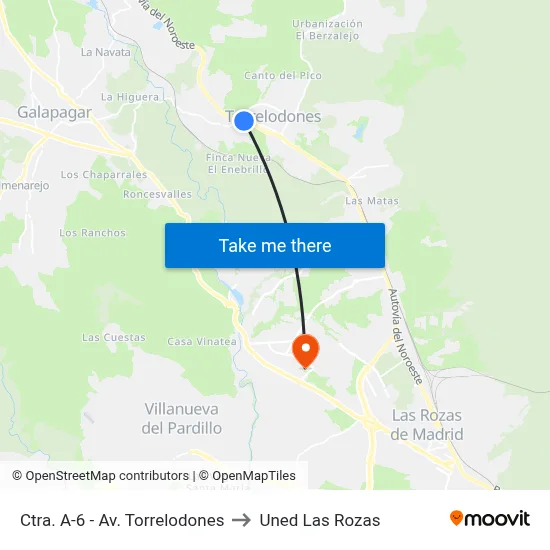 Ctra. A-6 - Av. Torrelodones to Uned Las Rozas map