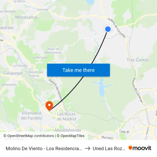 Molino De Viento - Los Residenciales to Uned Las Rozas map
