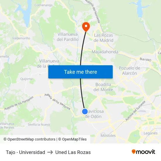 Tajo - Universidad to Uned Las Rozas map