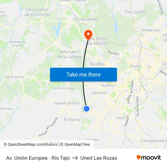 Av. Unión Europea - Río Tajo to Uned Las Rozas map