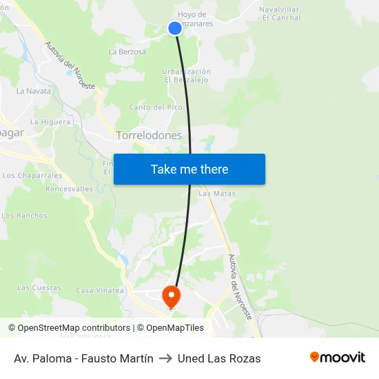 Av. Paloma - Fausto Martín to Uned Las Rozas map