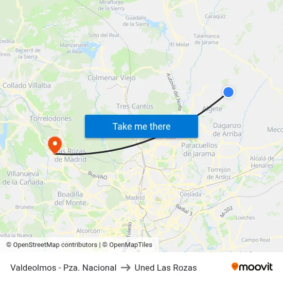 Valdeolmos - Pza. Nacional to Uned Las Rozas map