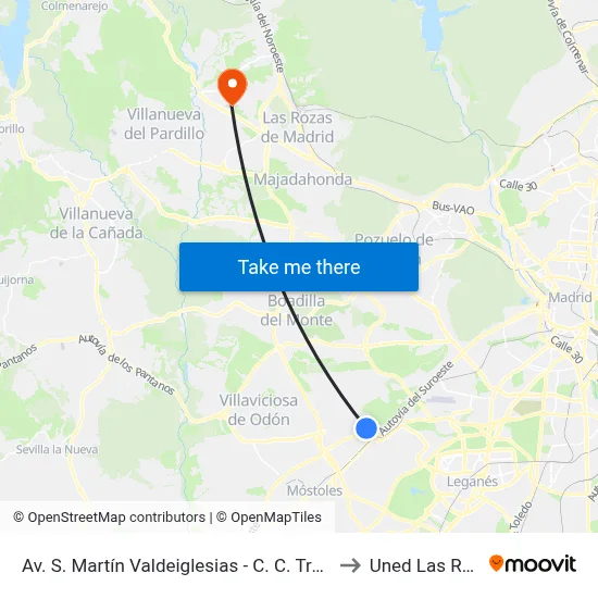 Av. S. Martín Valdeiglesias - C. C. Tres Aguas to Uned Las Rozas map