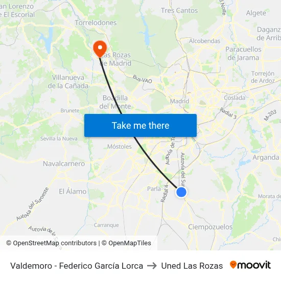 Valdemoro - Federico García Lorca to Uned Las Rozas map