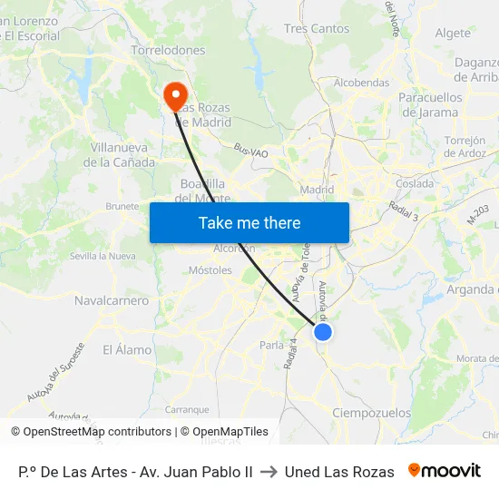 P.º De Las Artes - Av. Juan Pablo II to Uned Las Rozas map