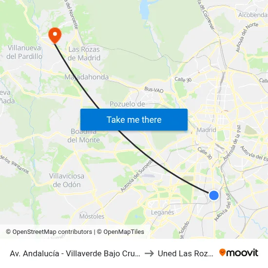 Av. Andalucía - Villaverde Bajo Cruce to Uned Las Rozas map