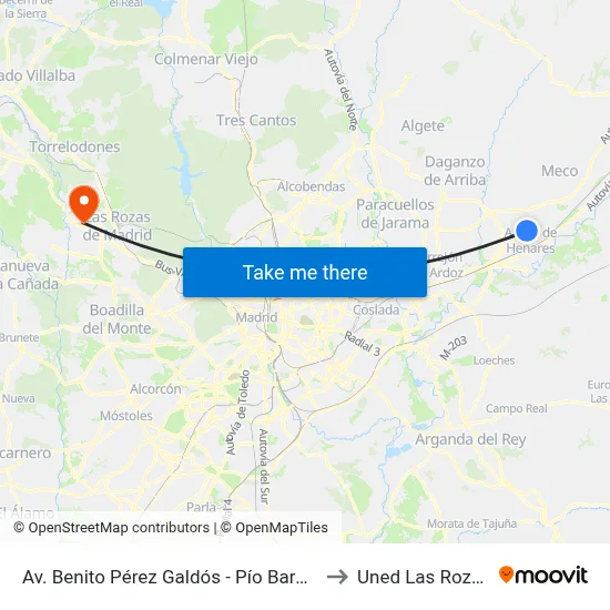 Av. Benito Pérez Galdós - Pío Baroja to Uned Las Rozas map