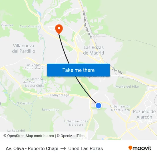 Av. Oliva - Ruperto Chapí to Uned Las Rozas map