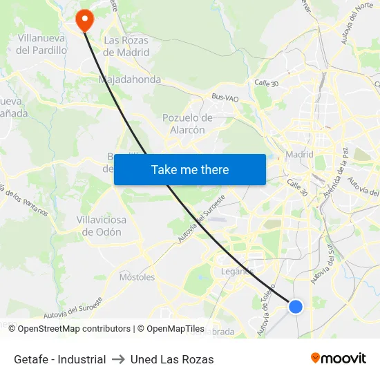 Getafe - Industrial to Uned Las Rozas map