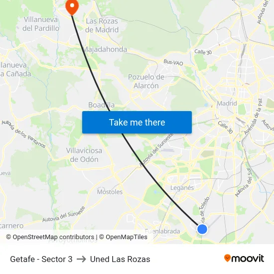 Getafe - Sector 3 to Uned Las Rozas map